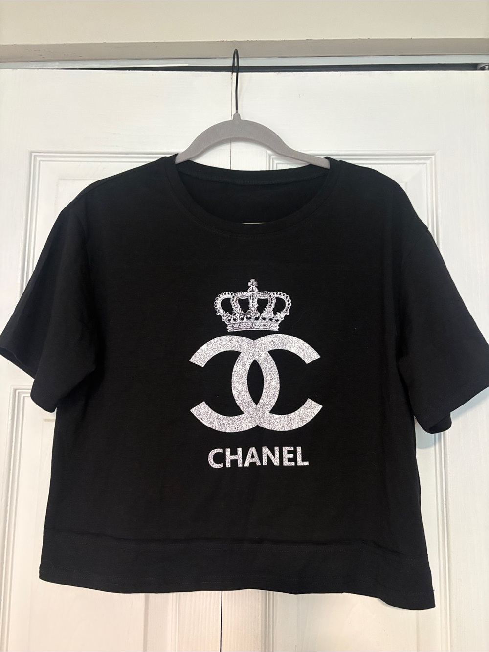 Black Short Sleeve Tee with Silver Glitter Logo and Crown. NWOT.